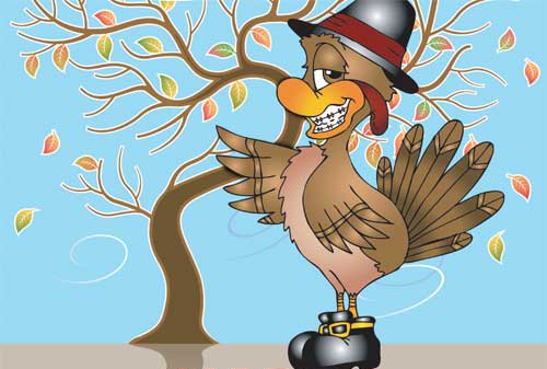 Turkey wearing hat, shoes, and braces